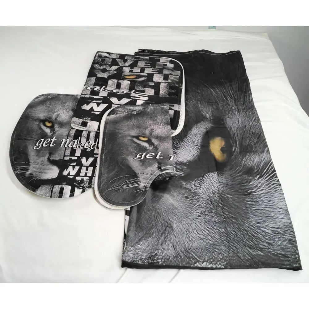 Lion Bathroom Set Lot Shower Curtain Bath Mat Rug Toilet Lid Cover “Get Naked”